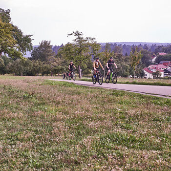 Some guests ride on a cycle path with mountain bikes, e-mountain bikes and bicycles.