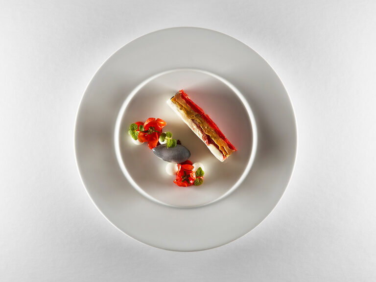 Tomatoes are precisely arranged on a plate in different preparations and different consistencies.