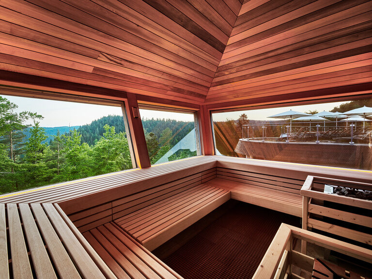 A wooden sauna offers a panoramic view of the Black Forest.