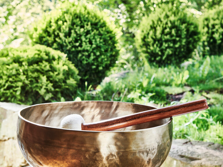 A singing bowl with mallets in front of a green area.