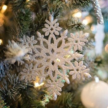 Ein silberner Stern sowie weitere weihnachtliche Dekorationselemente hängen an einem Weihnachtsbaum.