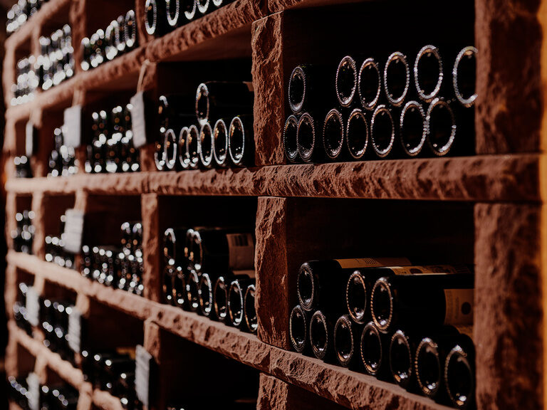 Bottoms of wine bottles in a wine cellar.